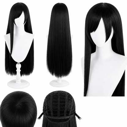 Long black wig front back and cap details for FF7 Tifa Lockhart Cosplay Wig – Long Black Straight Hair