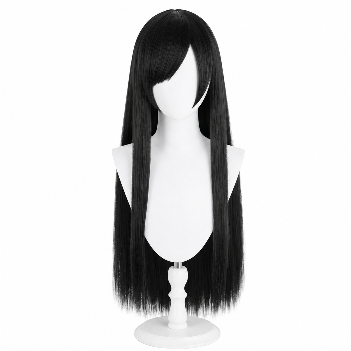 Long black wig mannequin front view for FF7 Tifa Lockhart Cosplay Wig – Long Black Straight Hair