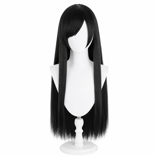 Long black wig mannequin front view for FF7 Tifa Lockhart Cosplay Wig – Long Black Straight Hair