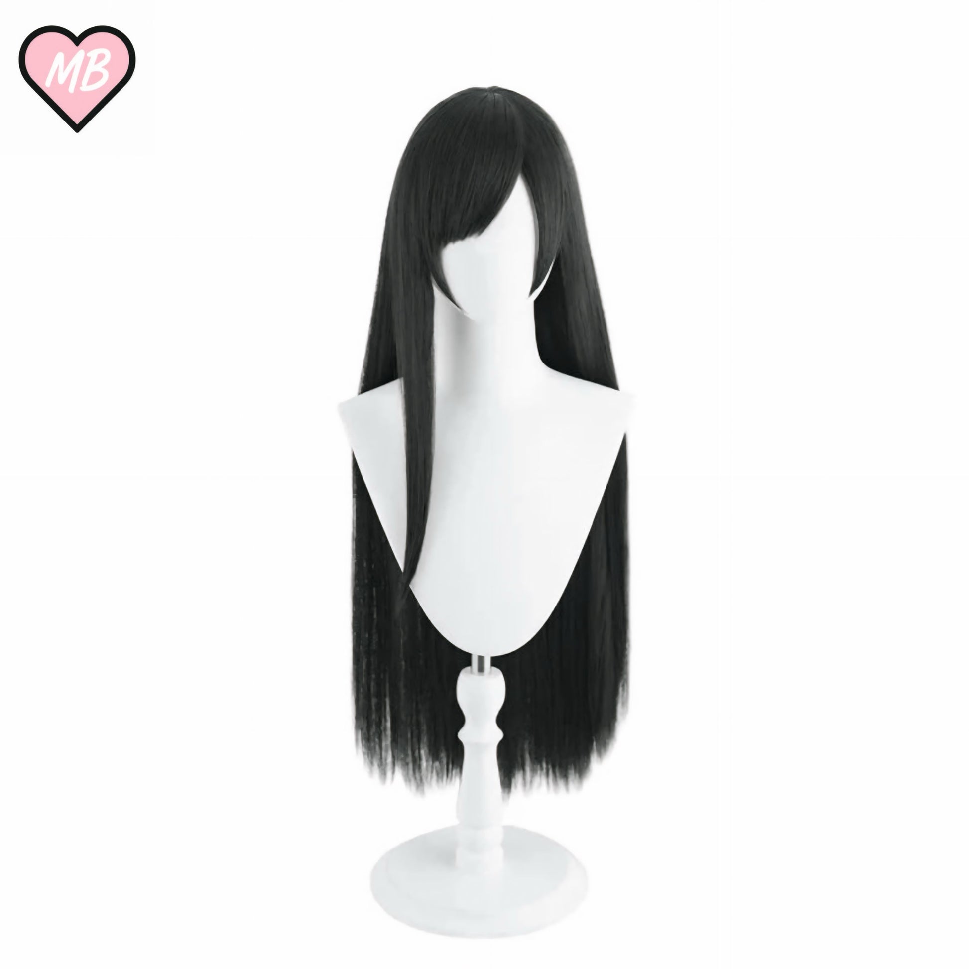 Mannequin head wearing a long, straight, black cosplay wig with light, wispy bangs, designed for the character Tifa Lockhart from Final Fantasy VII Remake.