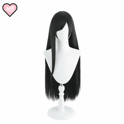 Mannequin head wearing a long, straight, black cosplay wig with light, wispy bangs, designed for the character Tifa Lockhart from Final Fantasy VII Remake.
