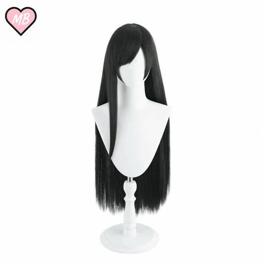 Mannequin head wearing a long, straight, black cosplay wig with light, wispy bangs, designed for the character Tifa Lockhart from Final Fantasy VII Remake.