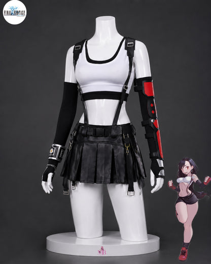 FF7 Tifa Lockhart Tactical Cosplay costume black tactical crop top skirt and arm guard front view