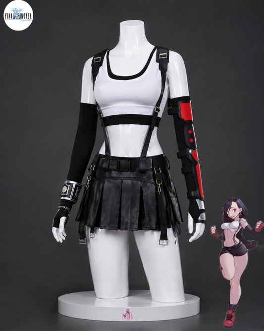 FF7 Tifa Lockhart Tactical Cosplay costume black tactical crop top skirt and arm guard front view
