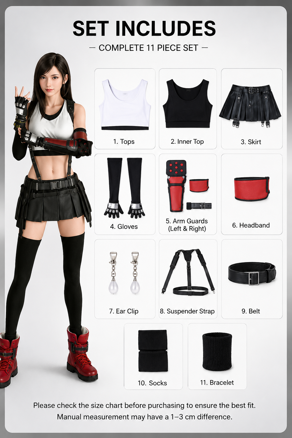 Tactical costume included items chart for FF7 Tifa Lockhart Tactical Cosplay costume