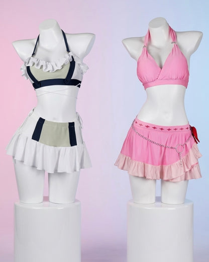 Two mannequins wearing matching outfits with skirts and tops on a gradient background.