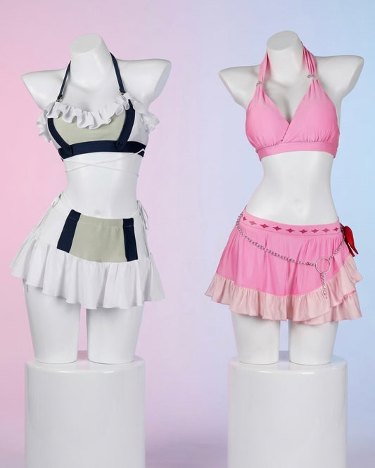 Two mannequins wearing matching outfits with skirts and tops on a gradient background.