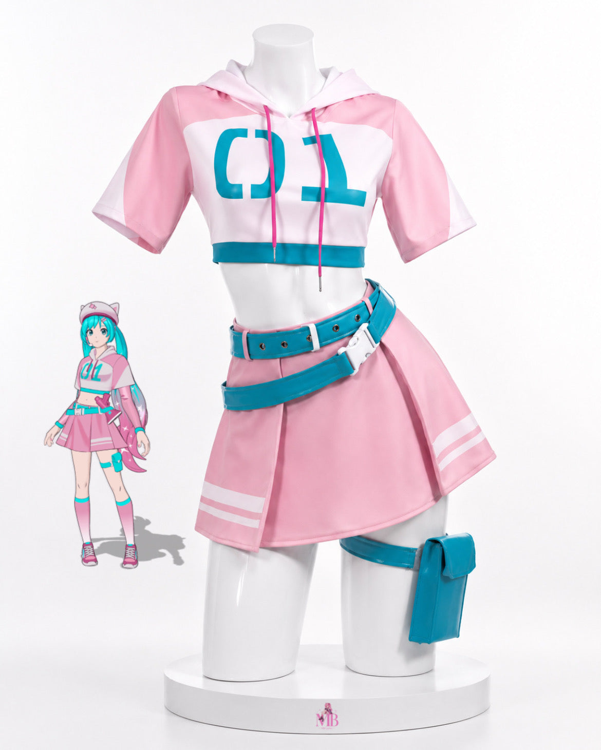 Pink and teal neko stage outfit front view for Fortnite Hatsune Miku Neko Cosplay costume