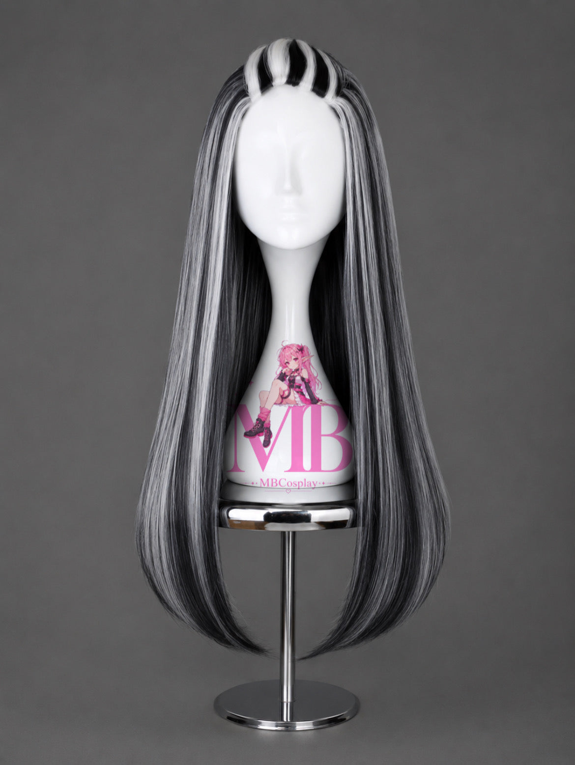 Frankie Stein long black and white cosplay wig front view displayed on a mannequin head