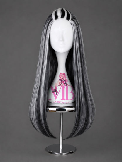 Frankie Stein long black and white cosplay wig front view displayed on a mannequin head