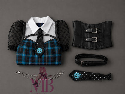Frankie Stein cosplay costume flat lay with plaid dress, black corset, belt, tie and chain