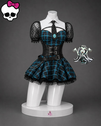 Front view of the Frankie Stein Monster High cosplay costume with blue plaid dress, corset and tie