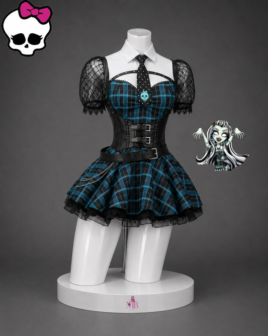 Front view of the Frankie Stein Monster High cosplay costume with blue plaid dress, corset and tie
