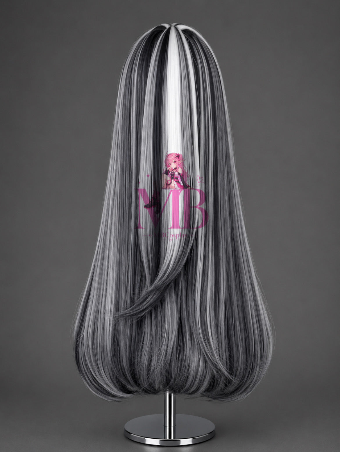 Back view of the long black, white and grey Frankie Stein Monster High wig
