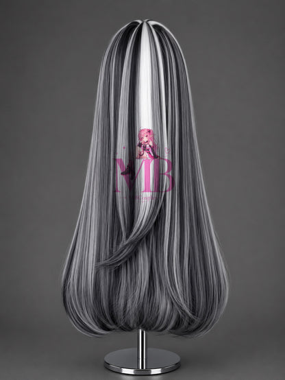 Back view of the long black, white and grey Frankie Stein Monster High wig