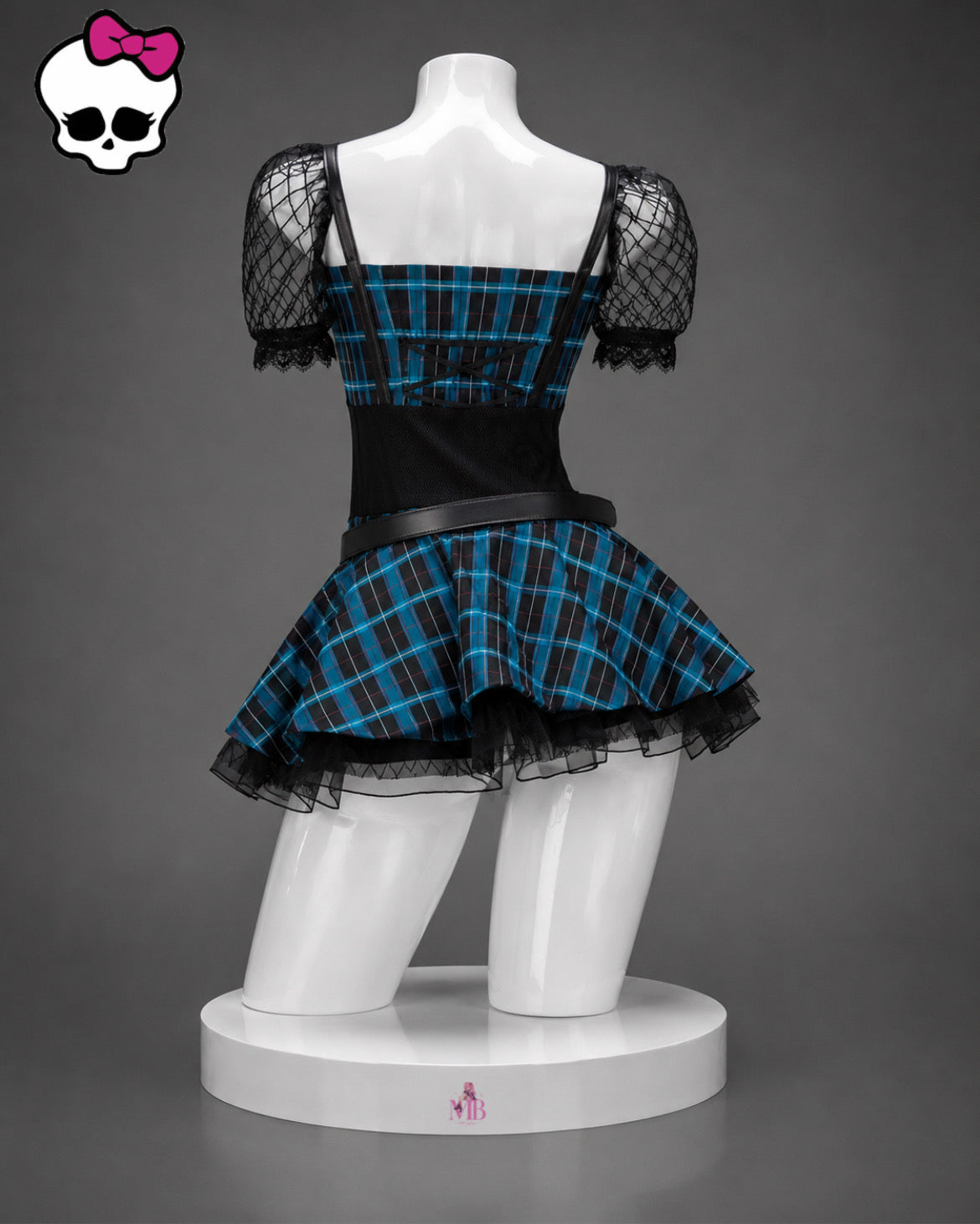 Back view of the Frankie Stein school uniform costume with blue plaid skirt and lace-up bodice