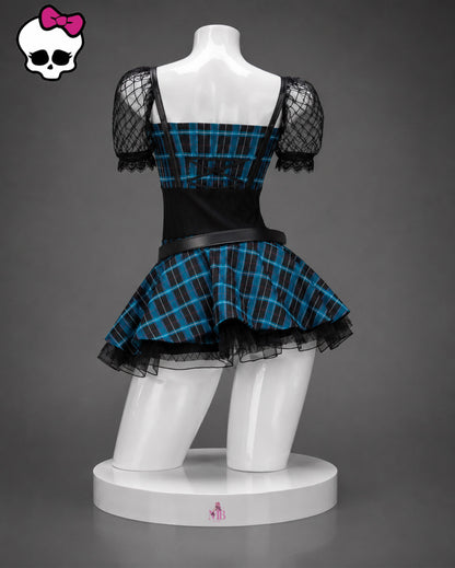 Back view of the Frankie Stein school uniform costume with blue plaid skirt and lace-up bodice