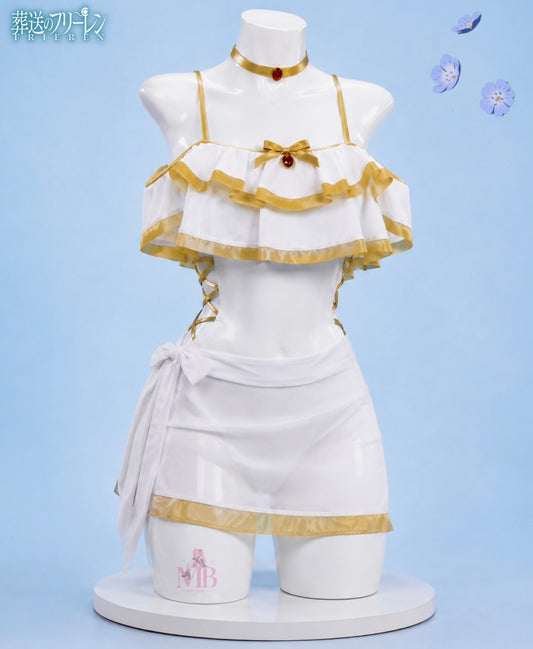 Collection frieren white and gold swimsuit costume front view for Frieren: Beyond Journey's End Cosplay, Swimsuit & Wig Collection