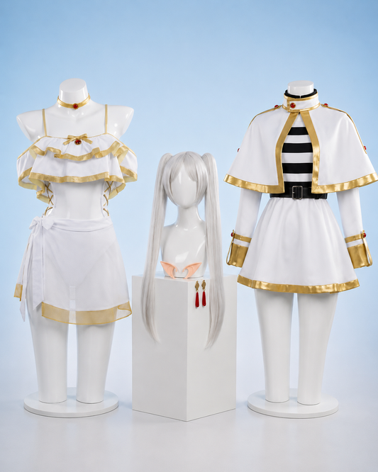 Complete Frieren cosplay display showcasing the white traveling mage uniform, silver twin pigtail wig, elven ears, and gold-trimmed swimsuit.