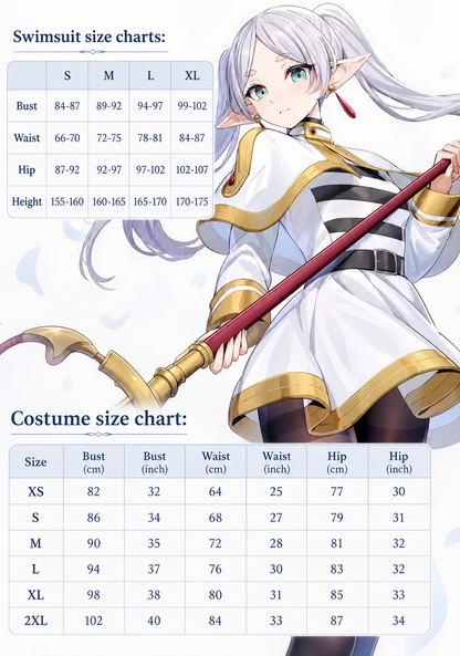 Sizing guide table for the Frieren swimsuit and costume showing measurements in centimeters and inches alongside character illustration.