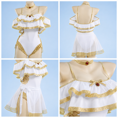 Four-panel detail view of the white and gold ruffled Frieren cosplay swimsuit with a red gemstone pendant and sheer mesh skirt