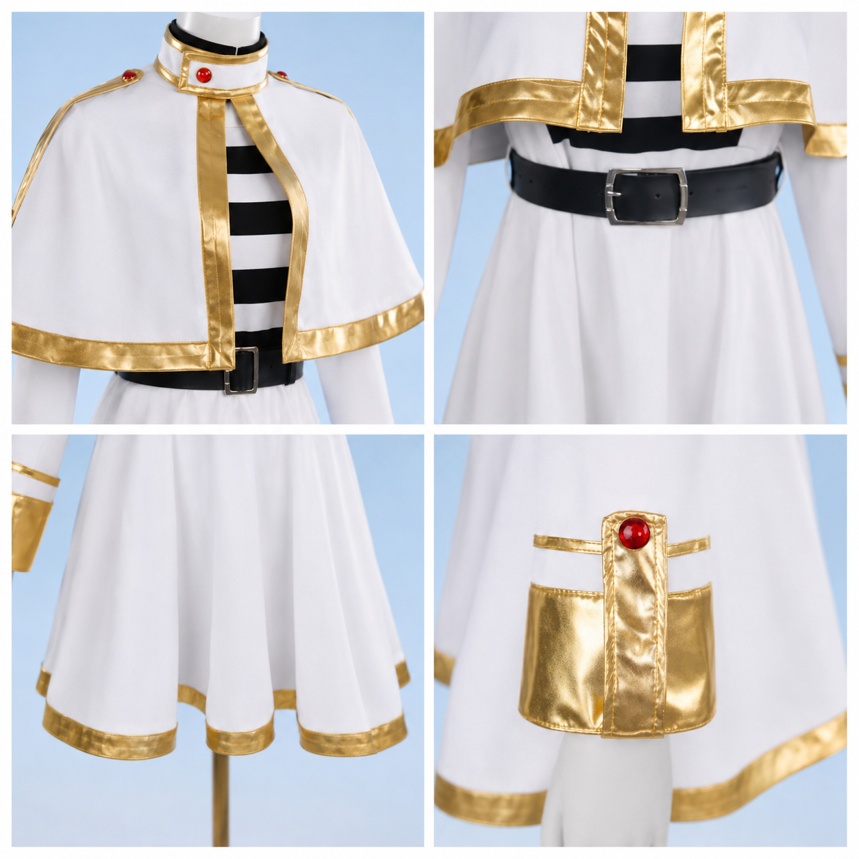 Detail shots of the high-collar capelet, faux-leather belt buckle, gold trim hemline, and red gemstone buttons on the Frieren uniform.