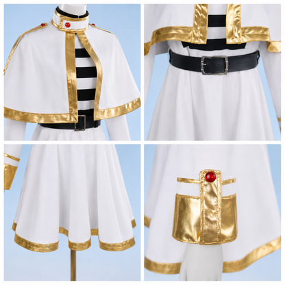 Detail shots of the high-collar capelet, faux-leather belt buckle, gold trim hemline, and red gemstone buttons on the Frieren uniform.
