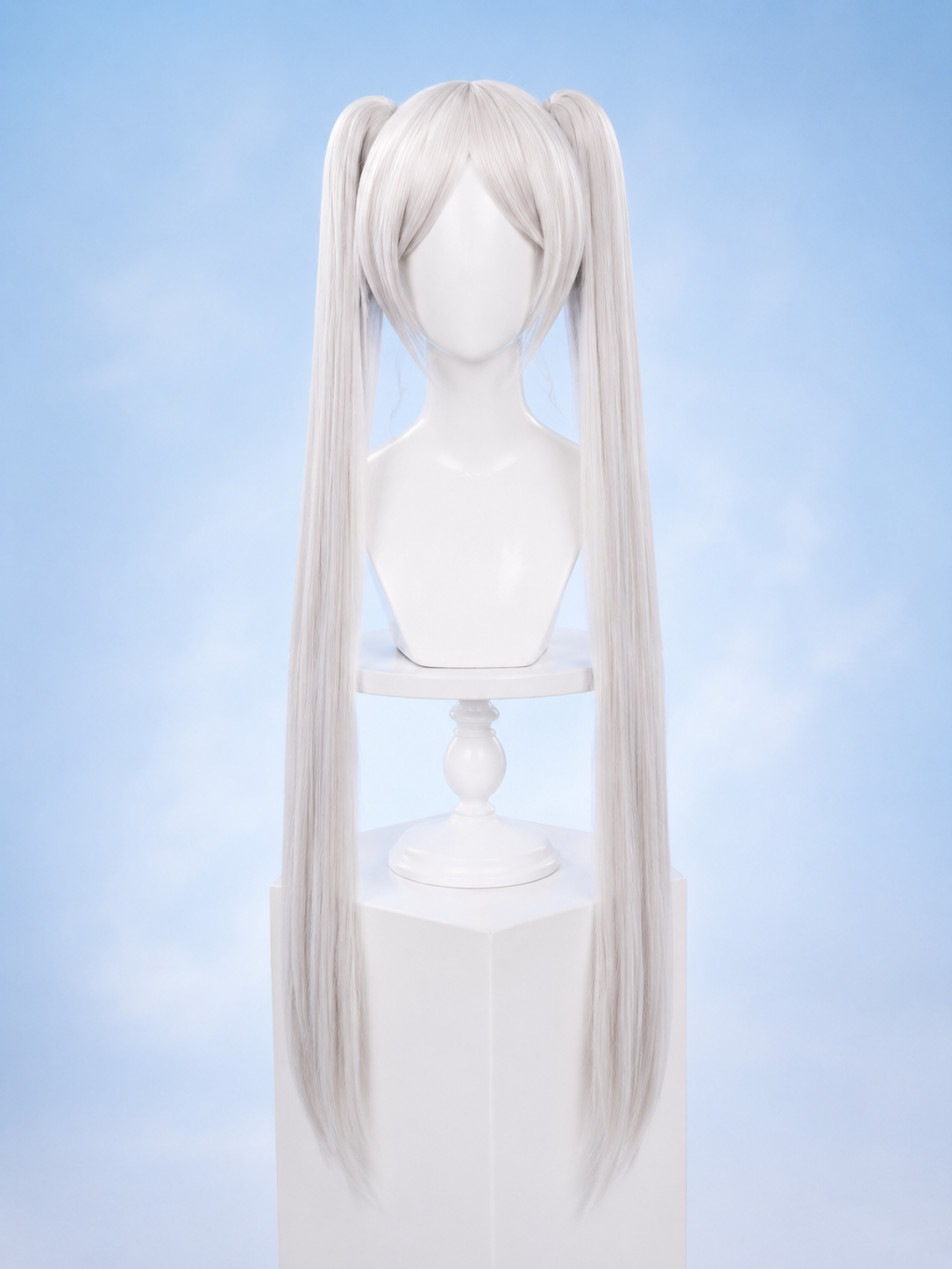 High-quality pre-styled silver-white synthetic cosplay wig with long double pigtails and face-framing bangs for Frieren.