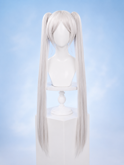 High-quality pre-styled silver-white synthetic cosplay wig with long double pigtails and face-framing bangs for Frieren.