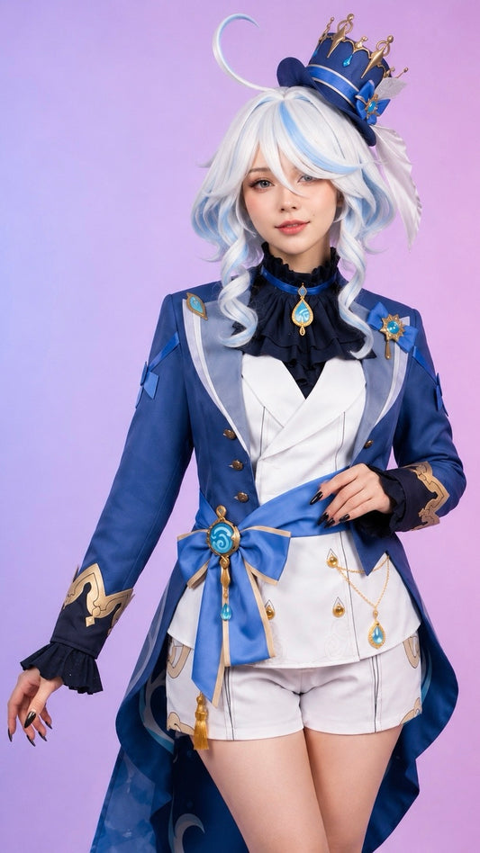 Furina cosplay costume from Genshin Impact worn by female model featuring blue and white outfit, ornate hat, curled white and blue wig, detailed accessories and premium studio cosplay photography.