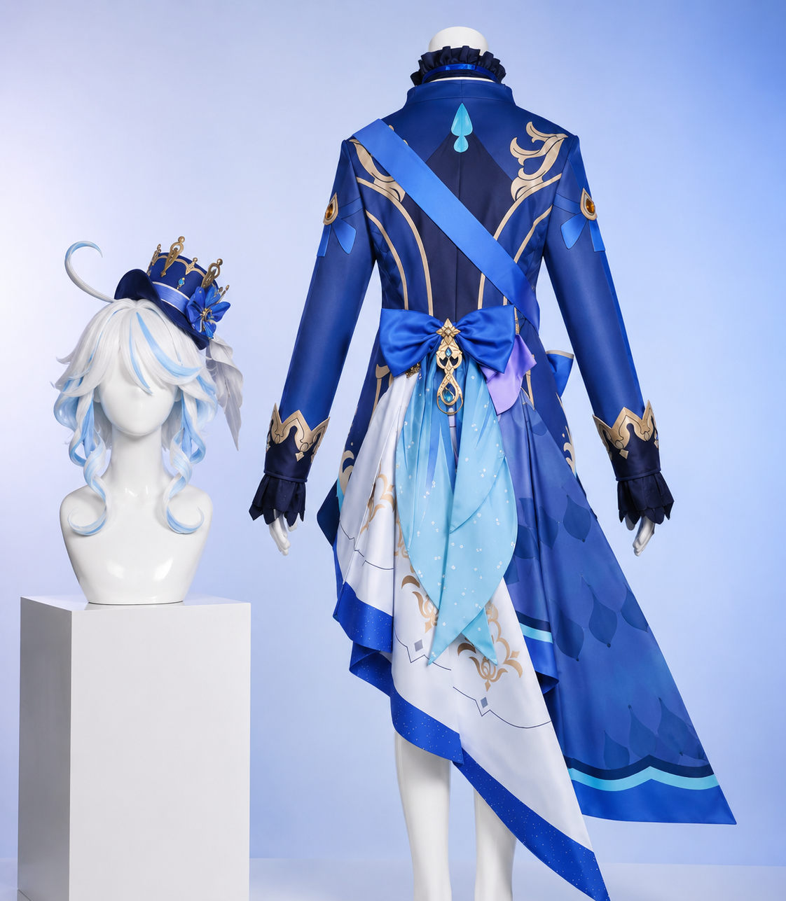 Back view of Furina Focalors Fontaine cosplay costume from Genshin Impact