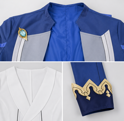 Detailed close-up of Furina Focalors cosplay costume showing fabric and accessories