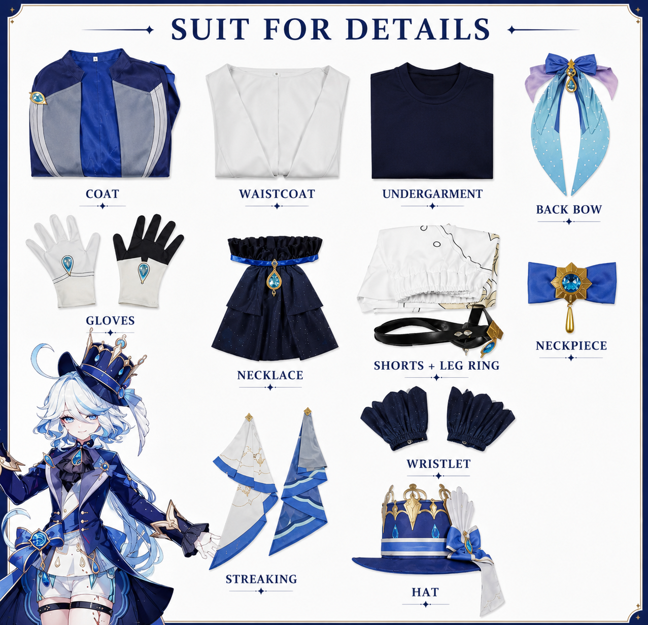 Furina Focalors cosplay costume package contents including coat, waistcoat, shorts, gloves, hat and accessories from Genshin Impact