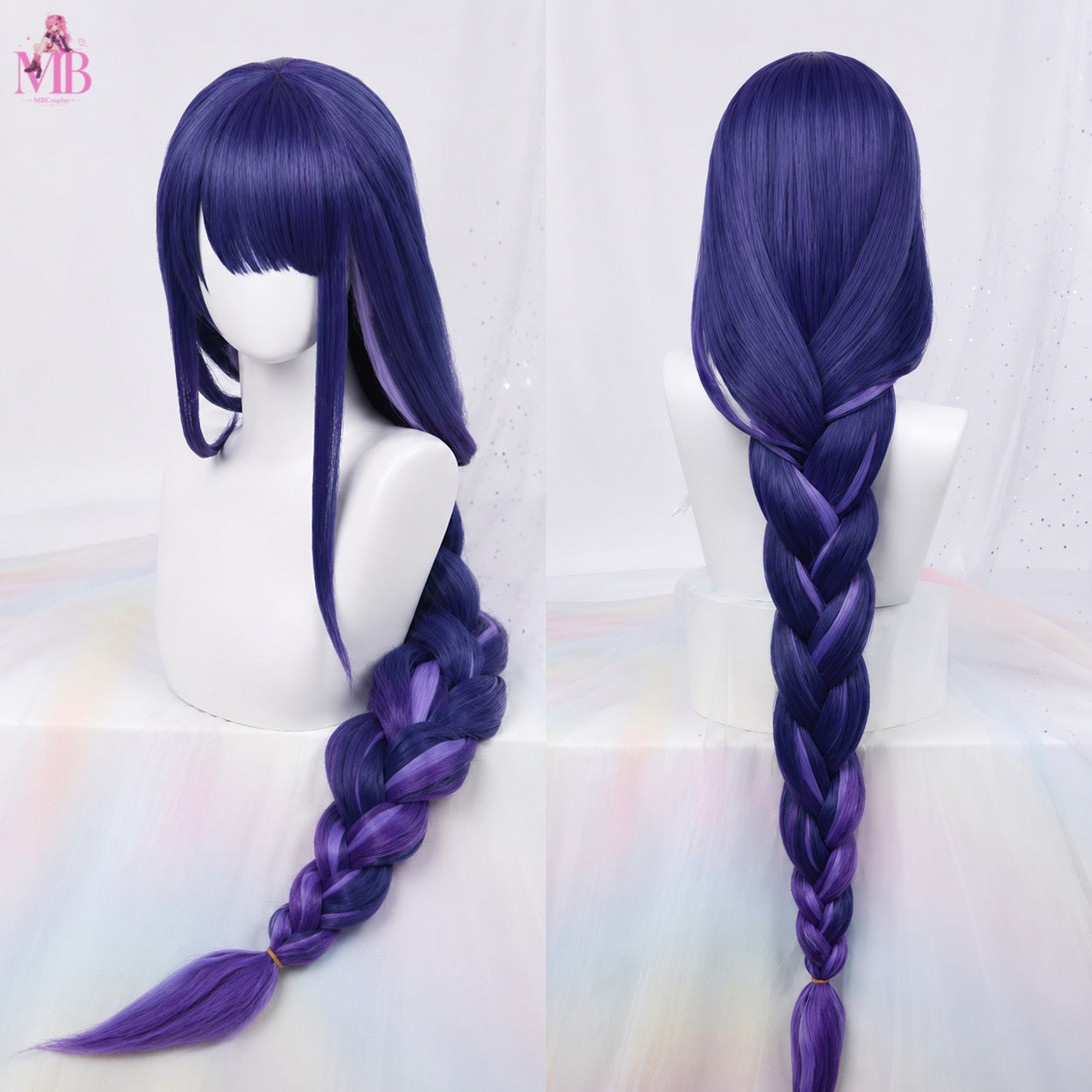 Game Impact Raiden Shogun Beelzebul Cosplay Wig front view featuring a long purple braided wig with straight fringe, premium pre-styled fibres and realistic studio display on a white mannequin by MBCosplay.