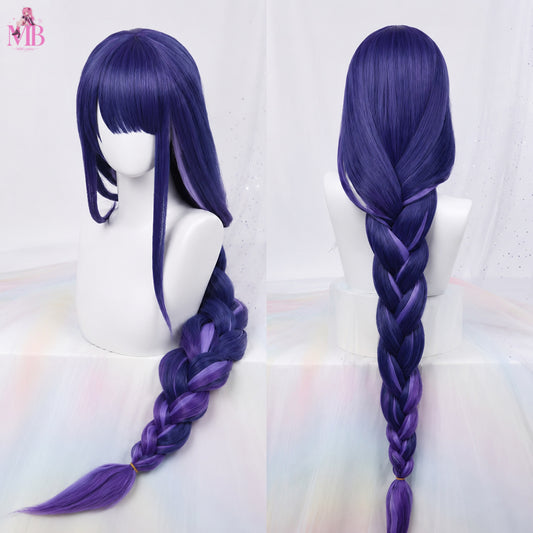 Game Impact Raiden Shogun Beelzebul Cosplay Wig front view featuring a long purple braided wig with straight fringe, premium pre-styled fibres and realistic studio display on a white mannequin by MBCosplay.