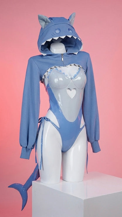 Complete Gawr Gura cosplay set from Hololive EN featuring a blue shark-themed zip-up hoodie with shark teeth trim and a glossy blue-and-white one-piece swimsuit.
