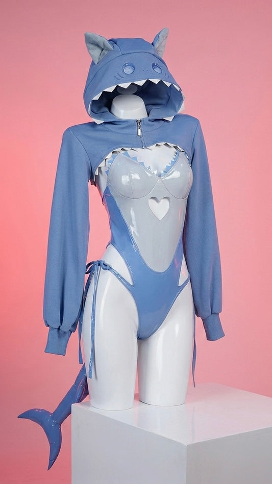 Complete Gawr Gura cosplay set from Hololive EN featuring a blue shark-themed zip-up hoodie with shark teeth trim and a glossy blue-and-white one-piece swimsuit.