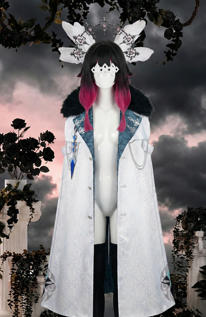 Mannequin displaying a Genshin Impact Columbina cosplay by MBCosplay, featuring a detailed white Fatui Harbinger cloak with a black fur collar, paired with a black and pink ombre wig, white feathers, eye mask, and a silver gemstone headband