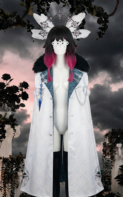Mannequin displaying a Genshin Impact Columbina cosplay by MBCosplay, featuring a detailed white Fatui Harbinger cloak with a black fur collar, paired with a black and pink ombre wig, white feathers, eye mask, and a silver gemstone headband.