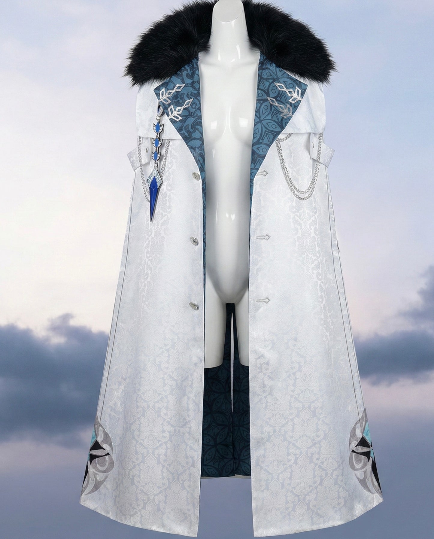 Mannequin wearing a long, decorative coat with fur collar against a cloudy sky background