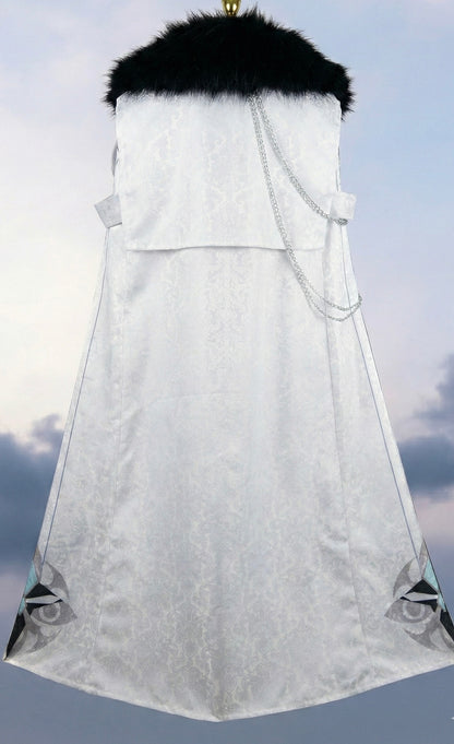 White fur-trimmed coat with a hood against a cloudy sky