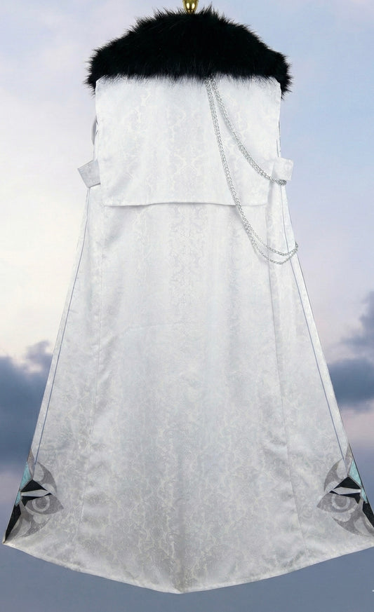 Genshin Impact Fatui Harbingers Cosplay cloack – White fur-trimmed coat with a hood against a cloudy sky