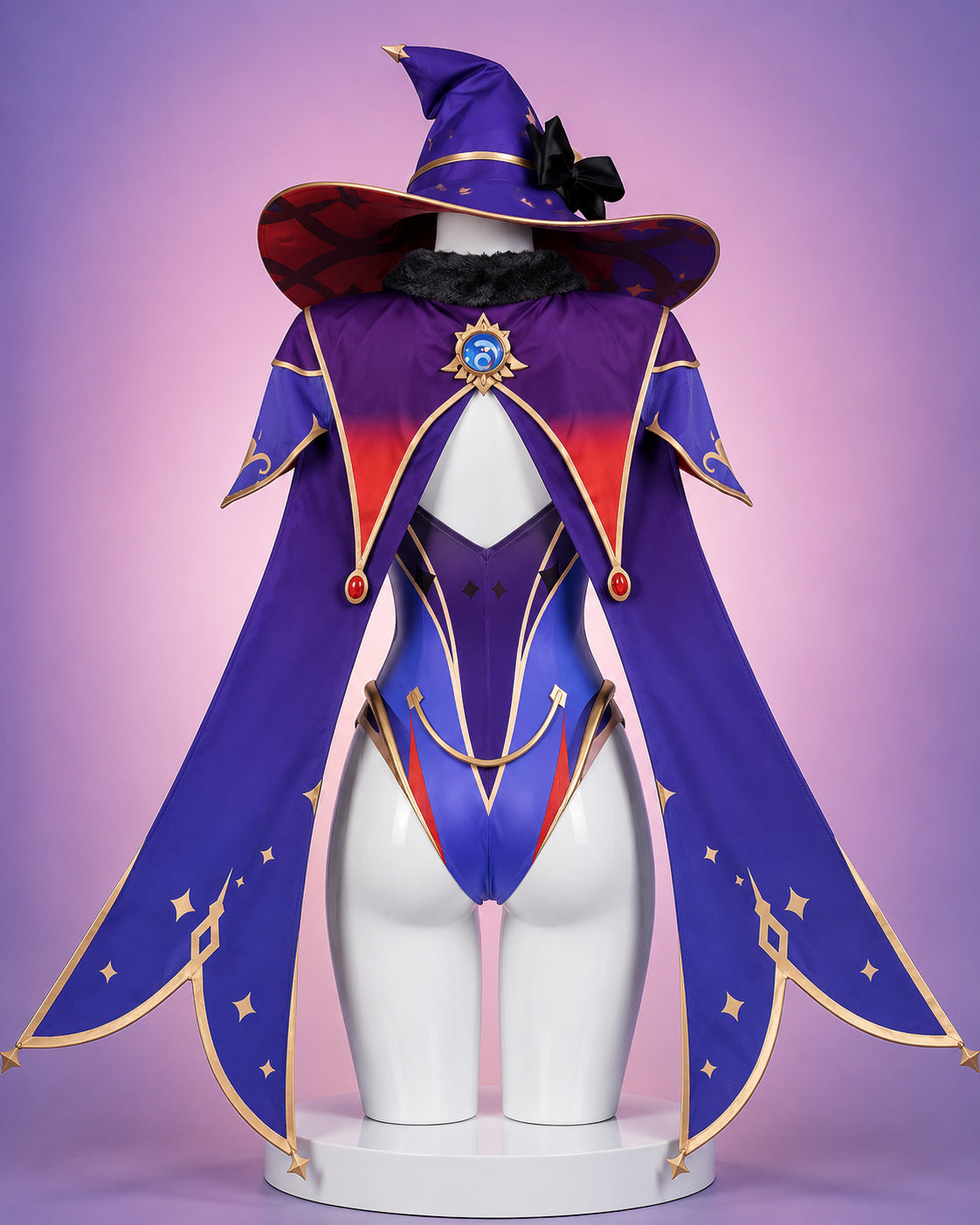 Back view of the Genshin Impact Mona Astrologist Megistus cosplay costume showcasing the flowing cape, detailed back design and premium craftsmanship.