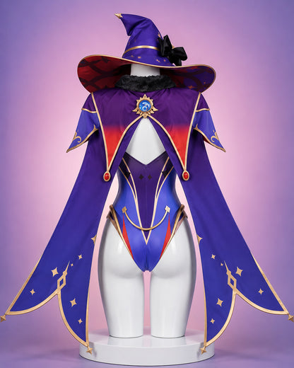 Back view of the Genshin Impact Mona Astrologist Megistus cosplay costume showcasing the flowing cape, detailed back design and premium craftsmanship.