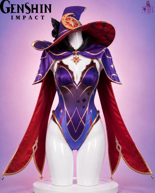 Genshin Impact Mona Astrologist Megistus cosplay costume front view featuring the complete premium cosplay outfit with hat, cape and detailed bodysuit.