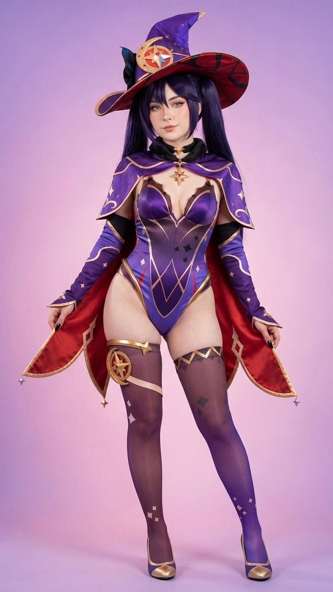 Model wearing the Genshin Impact Mona Astrologist Megistus cosplay costume displaying the complete anime-inspired outfit with matching accessories and stockings.