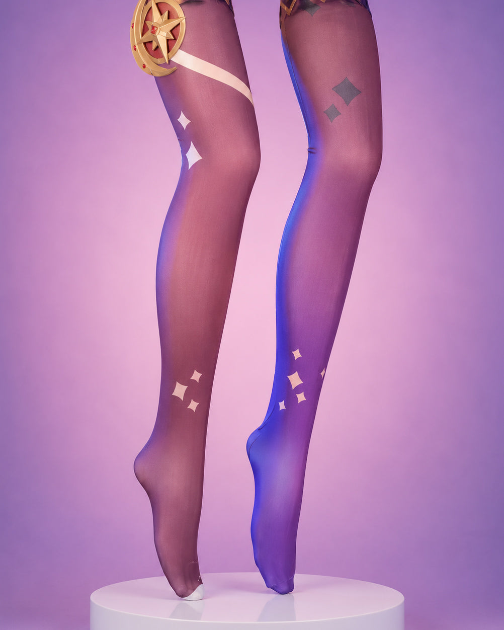 Genshin Impact Mona Astrologist Megistus cosplay stockings featuring the character’s signature asymmetrical thigh-high star pattern.