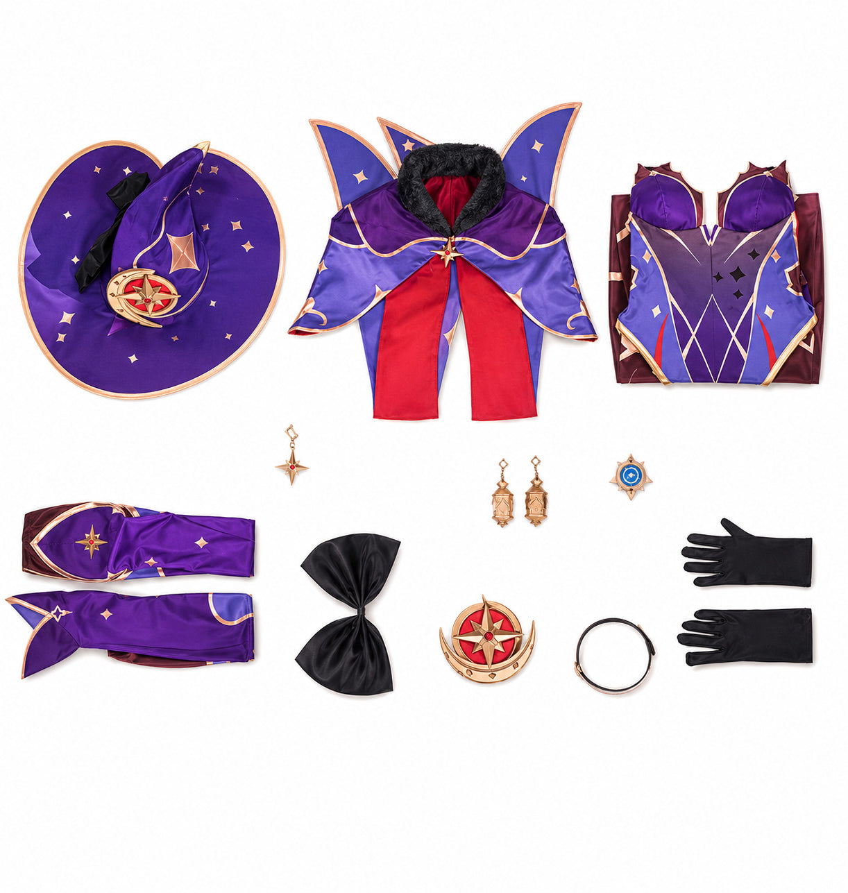 Everything included with the Genshin Impact Mona Astrologist Megistus cosplay including costume, cape, hat, gloves, accessories and decorative details.