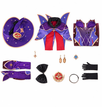 Everything included with the Genshin Impact Mona Astrologist Megistus cosplay including costume, cape, hat, gloves, accessories and decorative details.