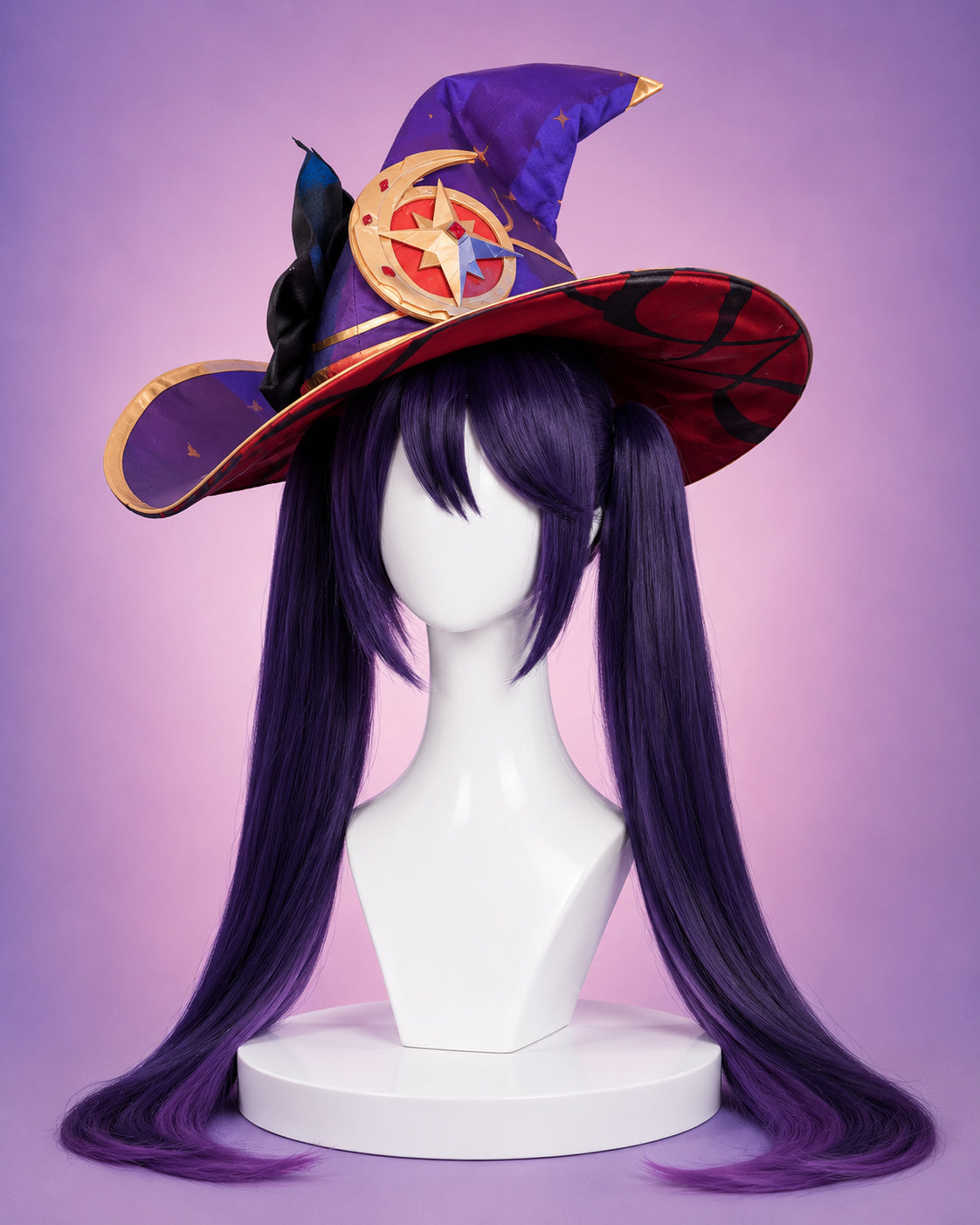 Premium Genshin Impact Mona Astrologist Megistus cosplay wig with signature witch hat styled for an accurate anime-inspired look.